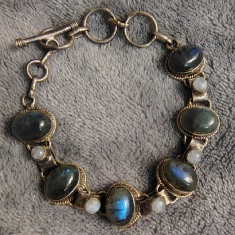 Blue Flash Labradorite and Moonstone Statement Bracelet